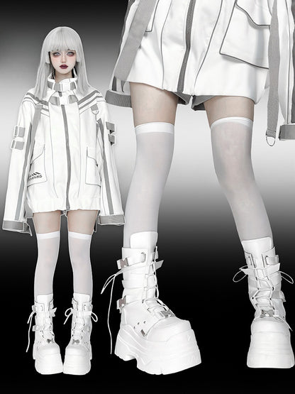 Matte White Punk Stud Bandage Design Lace-up Details Platform Boots
