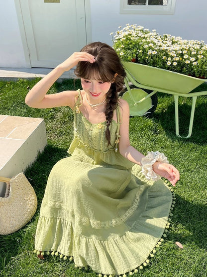 Mori Kei Green Knitted Floral Accents Cami Top