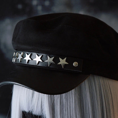 Black Gothic Star-shaped Studs Details Beret Hat