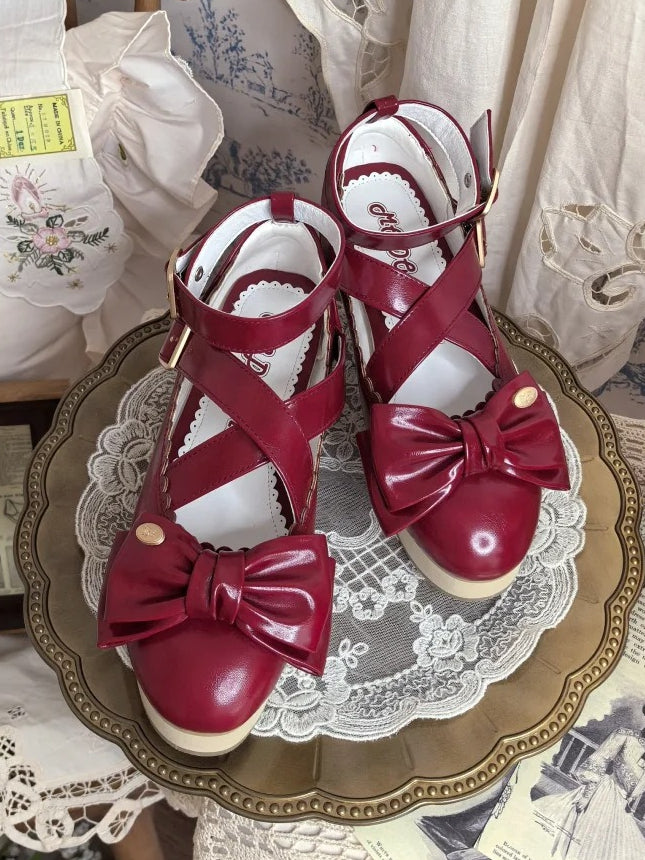 PU Red Sweet Lolita Platform Mary Janes - Crisscross Straps with Wood Grain Sole & Bow at Top