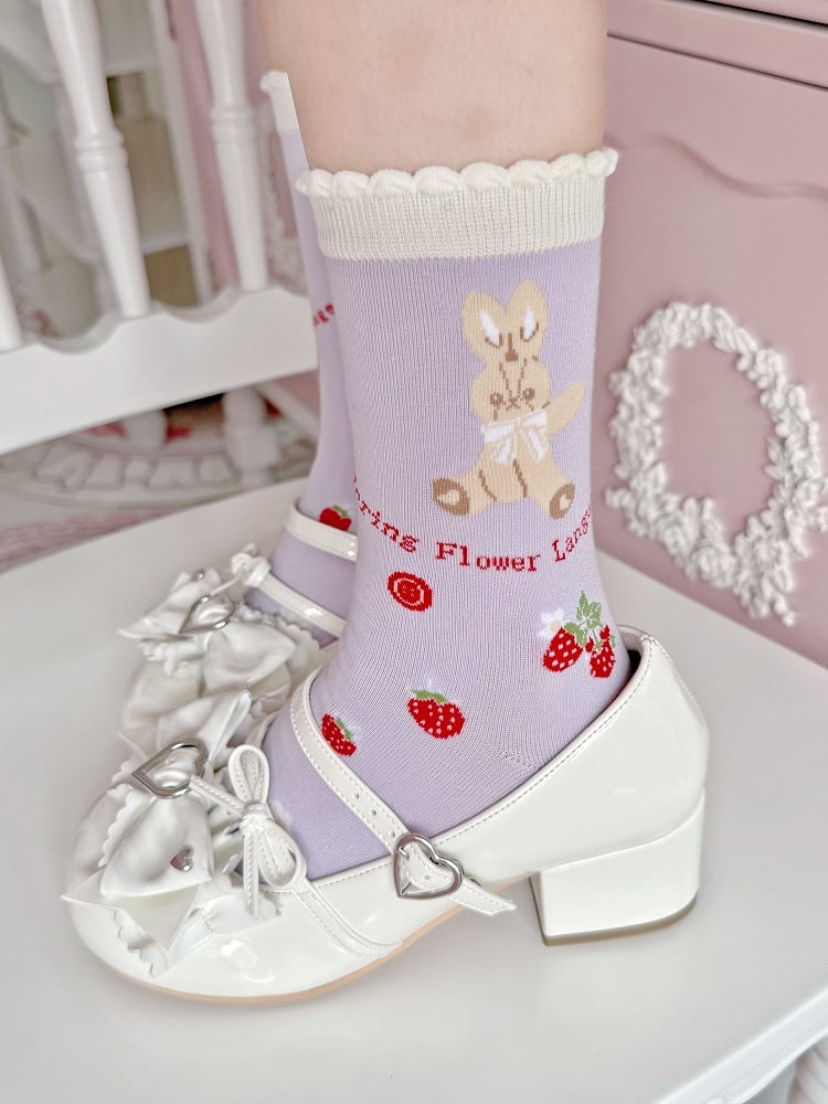 Red/Purple/Black Bear Bunny Strawberry Print Lolita Calf Socks