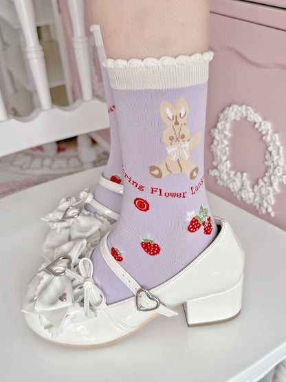 Red/Purple/Black Bear Bunny Strawberry Print Lolita Calf Socks