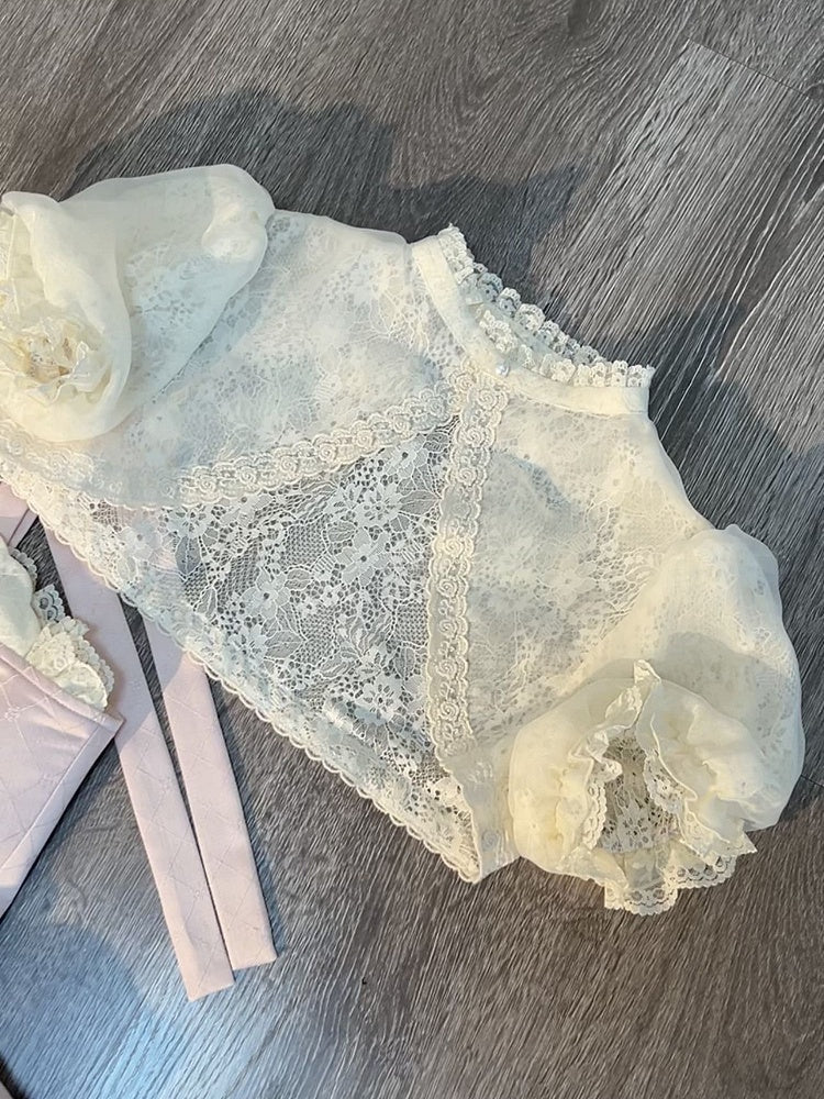 Pink and Blue Bow Accents Sweet Lolita Full Set - Cami Top + Skirt + Puff Sleeves Cropped Top