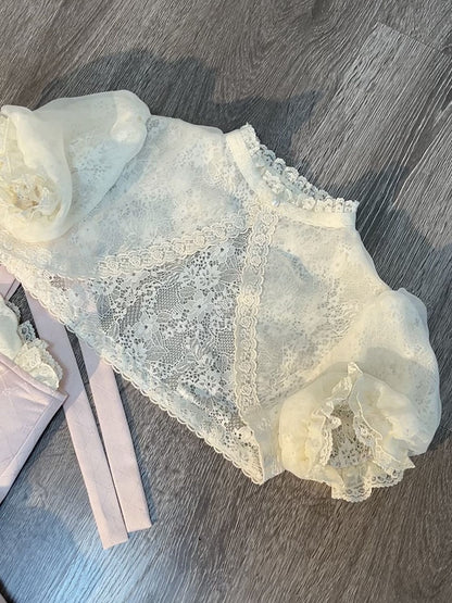 Pink and Blue Bow Accents Sweet Lolita Full Set - Cami Top + Skirt + Puff Sleeves Cropped Top