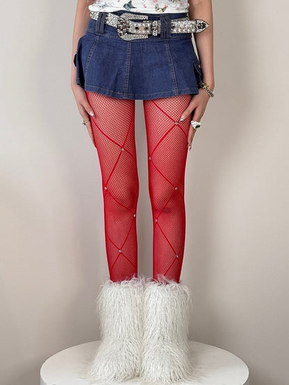 Black/White/Red Rhinestone Decorated Crisscorss Banded Tights