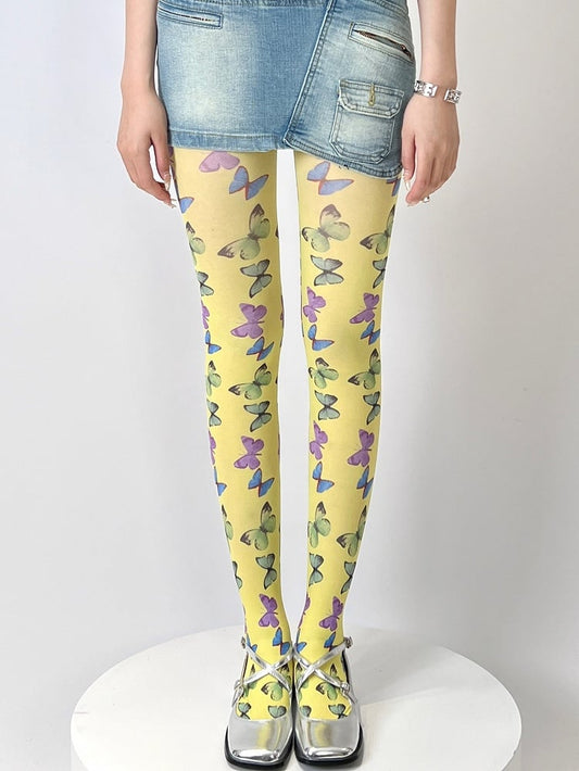 Yellow/Black Butterfly Print Tights