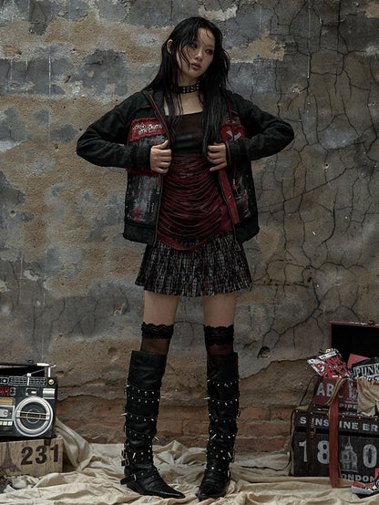 Sweetheart Applique Black Gothic Punk Distressed Zip Hoodie with Studs