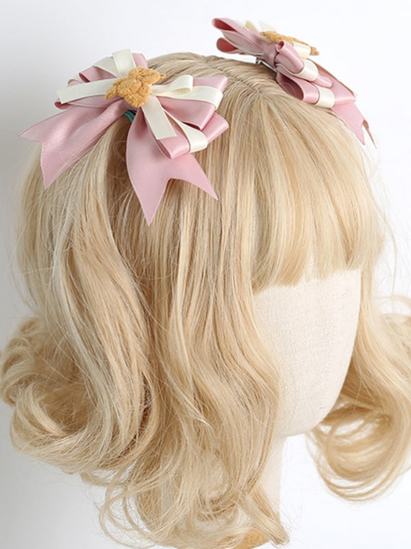 Cute Pink and Beige Bowknot Hairclip with Bear Decoration