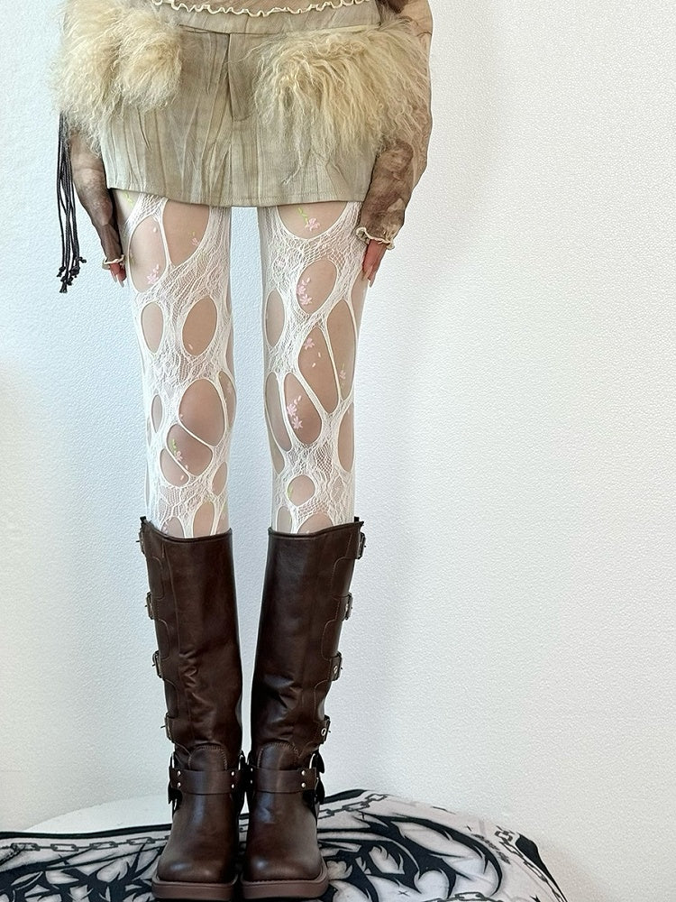 White Cut-out Design Tights