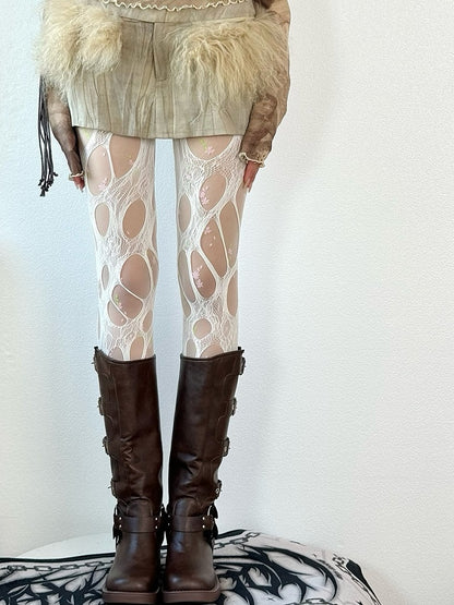 White Cut-out Design Tights