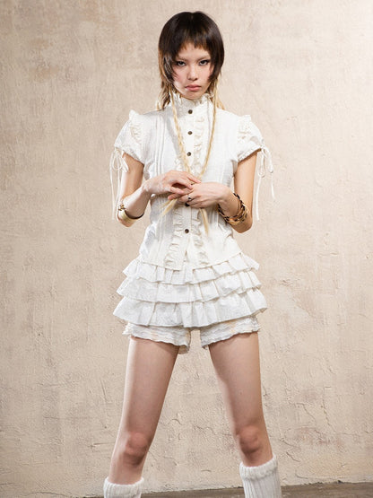 Y2K Gyaru Fashion White Short Puff Sleeve Leopard Print Punk Top with Ruffle Trim & Back Crisscross Tie