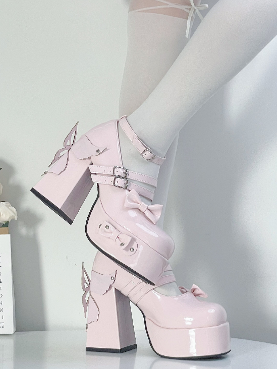 Pink Bowknot Stud Butterfly Design Platform High Block Heels Lolita Shoes
