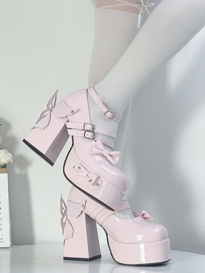 Pink Bowknot Stud Butterfly Design Platform High Block Heels Lolita Shoes