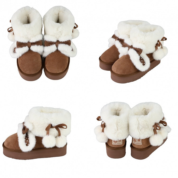Sweet Lolita Dark Brown Platform Snow Boots - Plush Polka Dot Bunny Ears, Furry Lining & Pompoms Charm Self-Tie Straps
