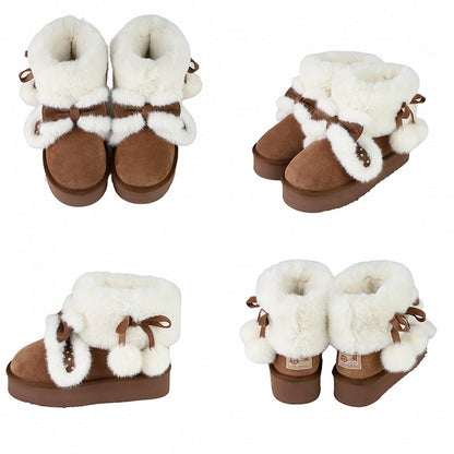 Sweet Lolita Dark Brown Platform Snow Boots - Plush Polka Dot Bunny Ears, Furry Lining & Pompoms Charm Self-Tie Straps