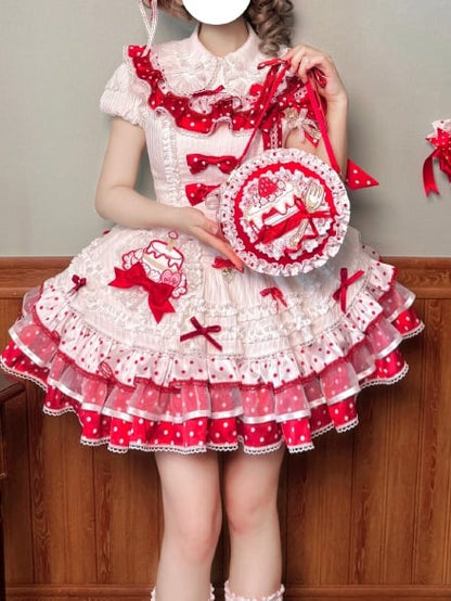 White and Red Strawberry Cake Embroidery Round Bag