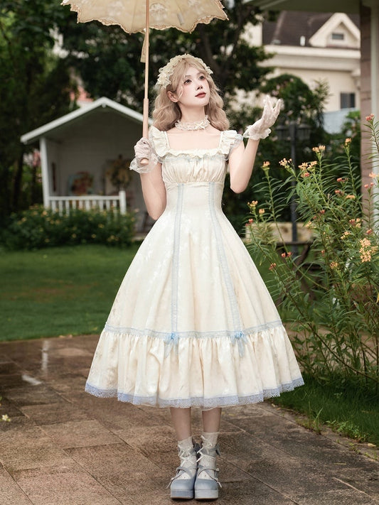 Beige and Light Blue Slim Fit Waist Versatile Neckline Lolita Dress