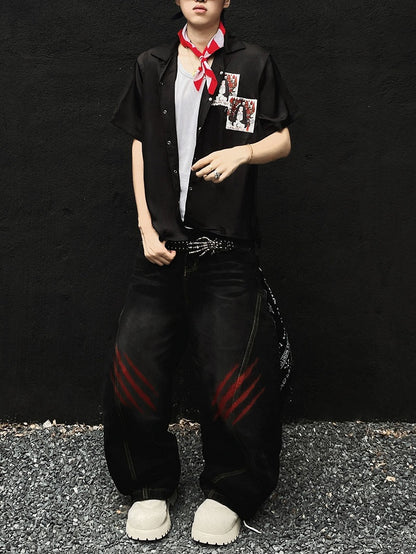 Punk Appliques Black Notched Collar Satin Short Sleeve Shirt