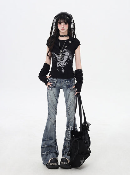 Apricot/Black Pointed Flat Collar Angel Print Wasteland Punk T-shirt with Free Armwears