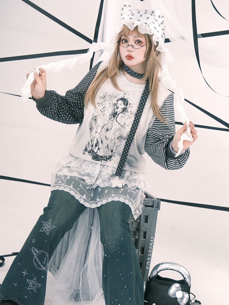 Plus Size Y2K White Sheer Overskirt with Floral & Star Embroidery