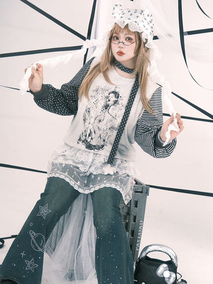 Plus Size Y2K White Sheer Overskirt with Floral & Star Embroidery