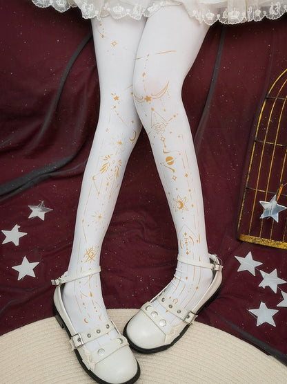 Black/White Lolita Star and Moon Print Tights