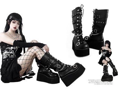 Studs Chains Metal Punk Matte Black Platform Boots