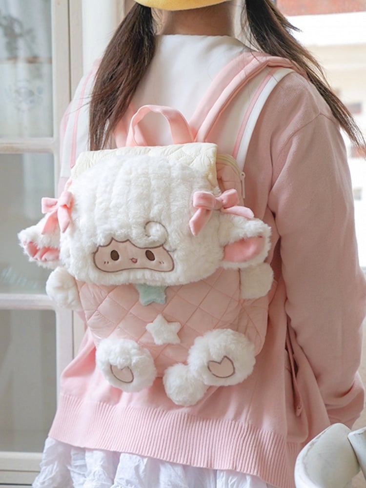 White&Pink Star And Bowknot Decorated Diamond Pattern Plush Lamb Flap Backpack