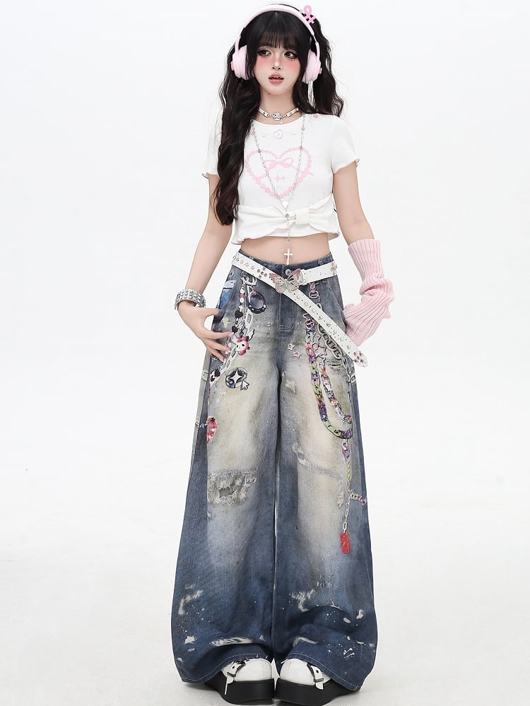 Blue Distressed Design Print Details Wide-leg Cut Jeans