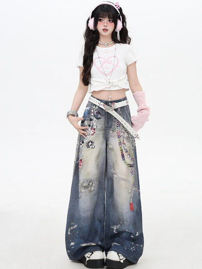 Blue Distressed Design Print Details Wide-leg Cut Jeans