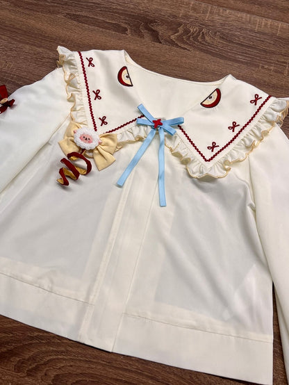 Yellow & Red Apple Embroidered Sweet Clown Lolita JSK Dress + Beige Ruffled Blouse Set