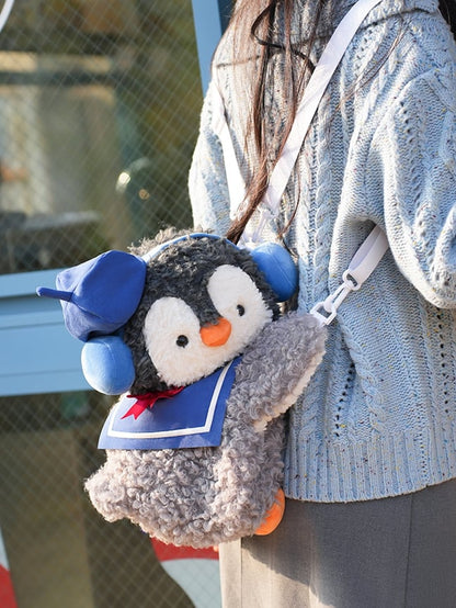 Gray Cute Penguin Plush Backpack/Crossbody Bag + Blue Hat + Sailor Collar Middle/Large Size