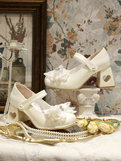 Heart-shaped Hollowed Heel White Elegant Mary Janes with Lace Bowknot Clips