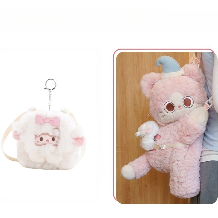 Pink Cute Plush Kitty Backpack/Crossbody Bag + White Bowknot Decorated Lamb Backpack Keychain