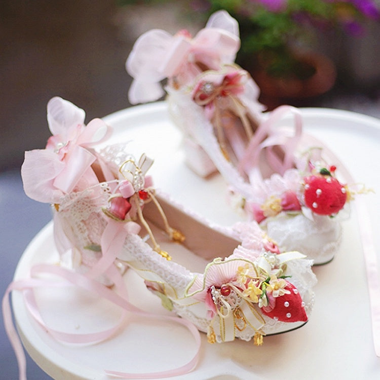 White&Pink Sweet Lolita Beaded And Strawberry Decorated Lace Trim 5CM/8.5CM Block Heels Shoes