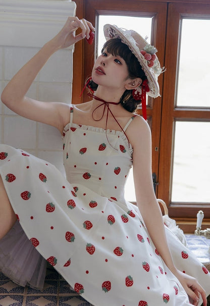 Summer Strawberry and Polka Dots Print Sun Dress White Sweet Lolita JSK