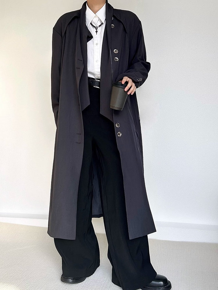 Ouji Lolita Gray Vintage Long Trench Coat with Button Cuffs & Tie Neck