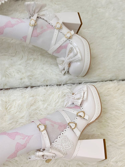White Crisscross Design Heart Buckles Detachable Bow at Top High Block Heels