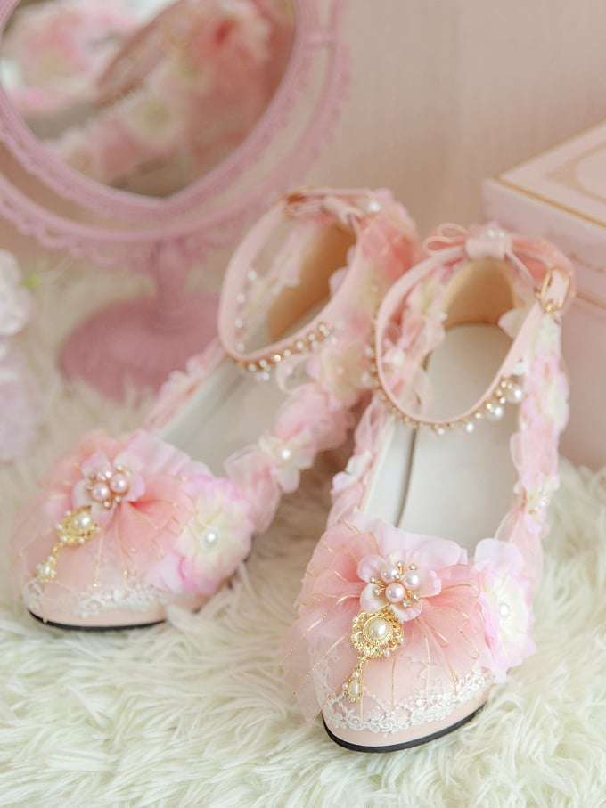 Pink Sakura Hime Lolita Shoes Bow Accents Beaded Detail Princess High Heels
