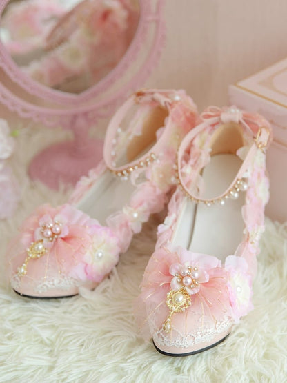 Pink Sakura Hime Lolita Shoes Bow Accents Beaded Detail Princess High Heels