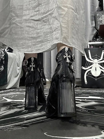 Clearance-Size 37 Polished Black Gothic 10CM Crocodile Buckle Straps High Block Heels