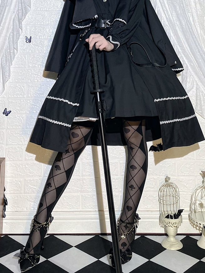 Black/White Diamond and Poker Pattern Alice in Wonderland Vibes Over Knee Stockings