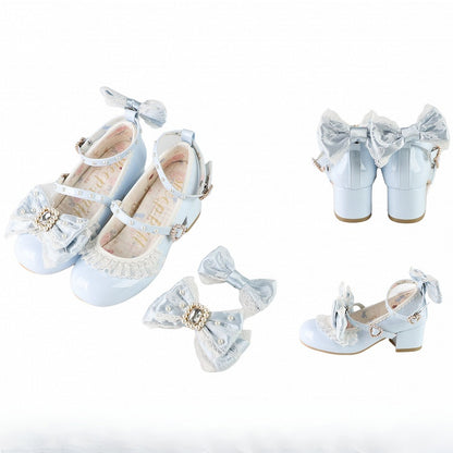 Polished Blue Detachable Rhinestone And Beaded Decorated Bowknot Lace Trim 4.5CM Block Heels Shoes