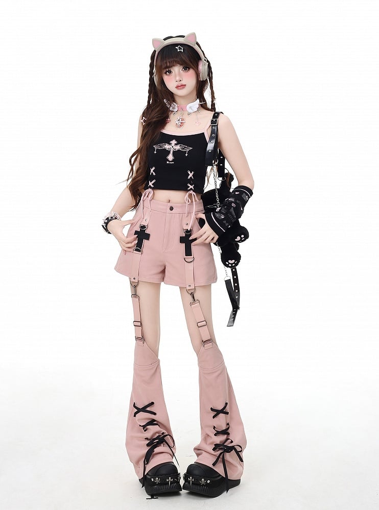 Pink Cross Embellished Shorts with Lace-up Detail Detachable Leg Warmers
