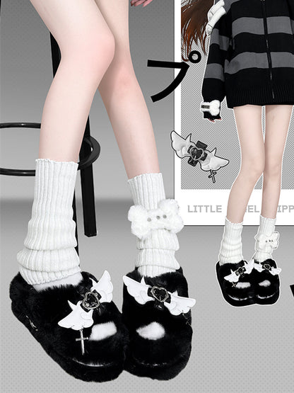 Cross Wings Decorated Black Plush Platform Slippers Punk Winter Shoes