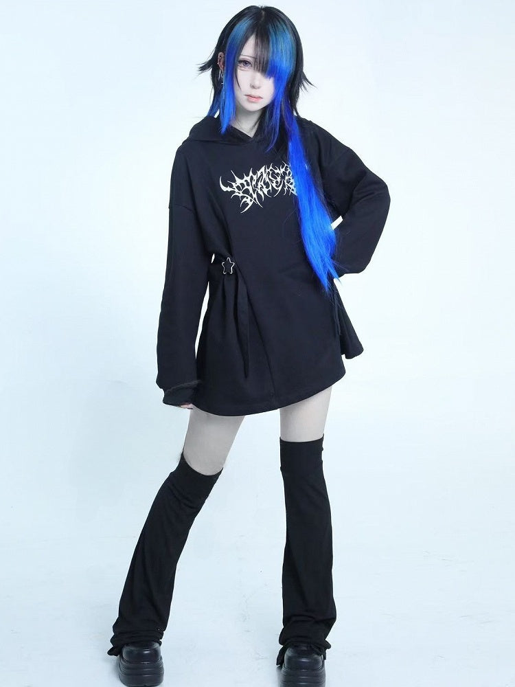 Black Jirai Kei Embroidery Decorated Buckle Details Hoodie