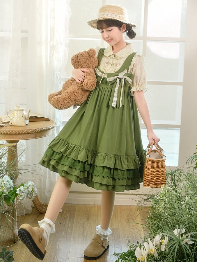 Green Ruffle Hem Sweet Overall Dress with Detachable Bowknot