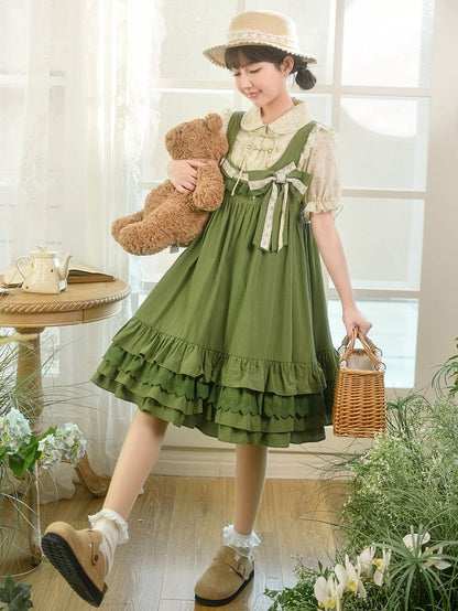 Green Ruffle Hem Sweet Overall Dress with Detachable Bowknot