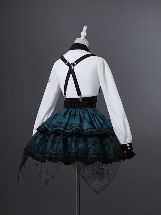 Lace-up Detail Black and Green Plaid Punk Lolita Corset Waist Overall Dress