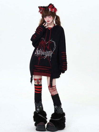 Black and Red Gothic Spiderweb Distressed Holes Hooded Sweater